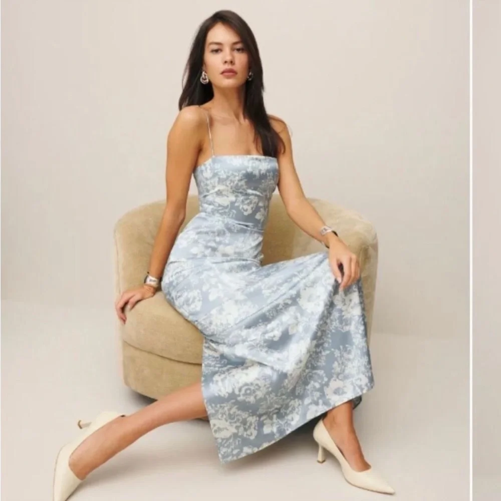 Reformation Frankie Silk Formal Dress Spaghetti Strap Porcelain Blue Floral 10 P - Picture 15 of 16